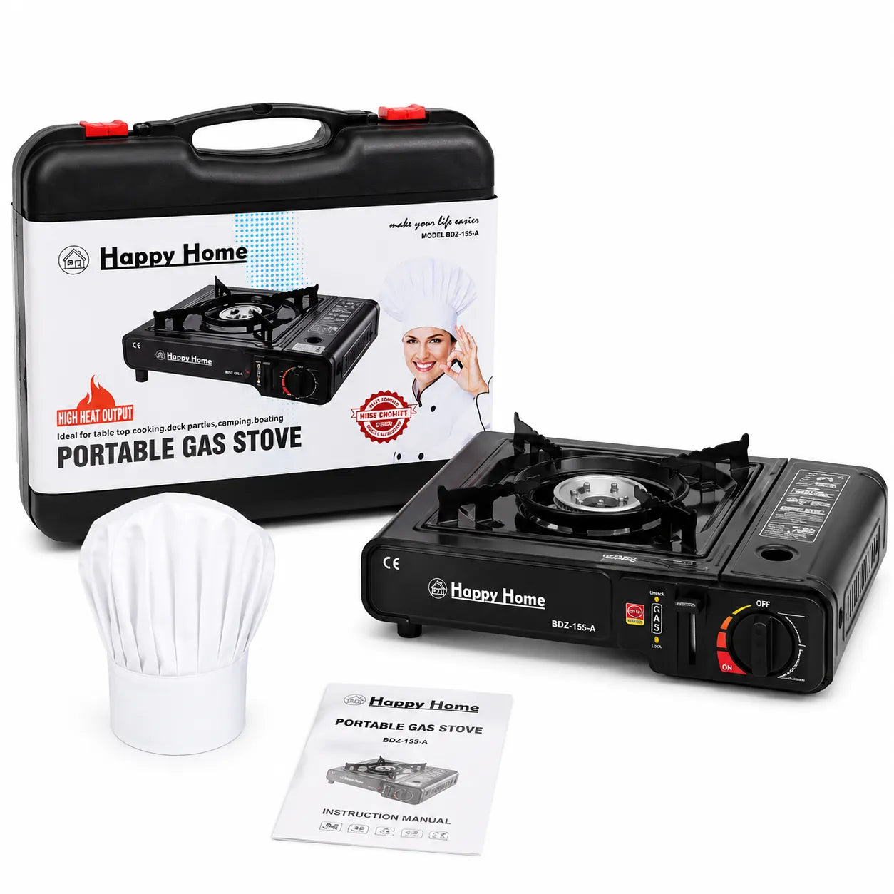 Réchaud à Gaz Portable Happy Home BDZ-155-A – Cuisinière Butane Pour Camping, Pique-nique Et Voyage, Allumage Piézo, Avec Mallette De Transport En Carton