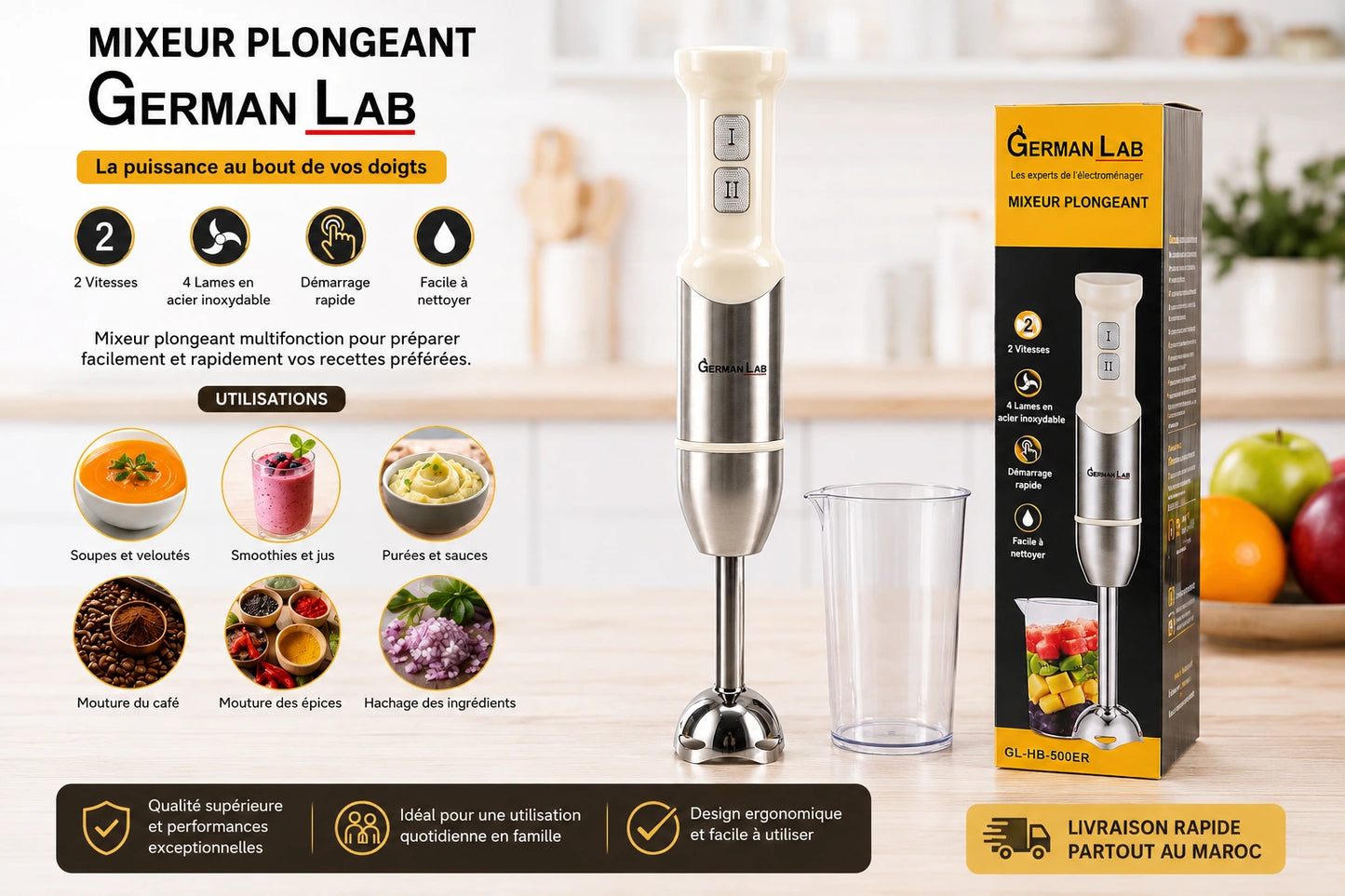 Mixeur Plongeant German Lab 500W – 2 Vitesses avec Gobelet Doseur – vue 2 | MonChoix Maroc