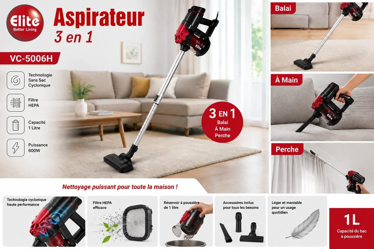 Aspirateur Balai 3 en 1 Elite VC-5006H – Léger, Puissant – vue 3 | MonChoix Maroc