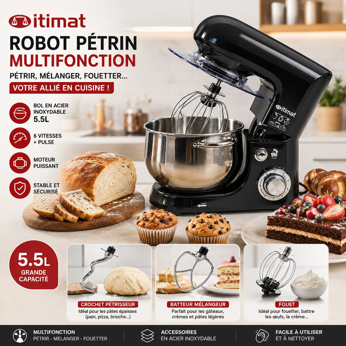 Robot Pétrin Multifonction ITIMAT 5.5L – vue 2 | MonChoix Maroc