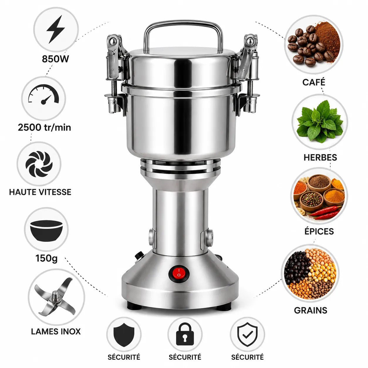 FIZLER Moulin Électrique 150G 850W En Acier Inoxydable – Broyeur Haute… – vue 3 | MonChoix Maroc