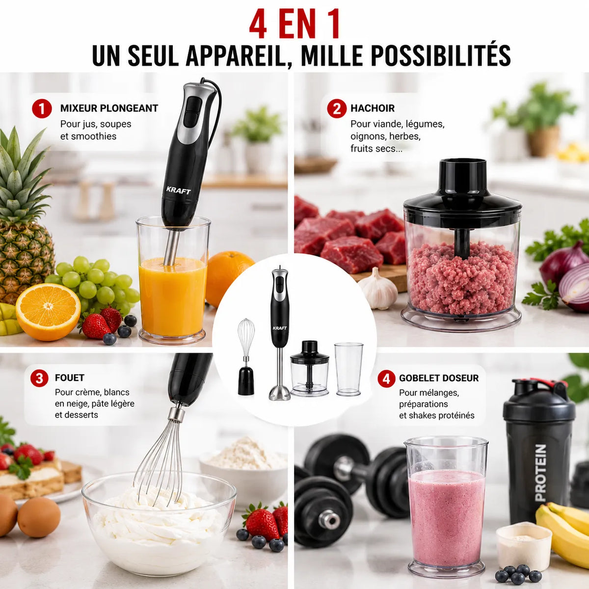 Mixeur Plongeant 4 En 1 500W Avec Hachoir, Fouet & Verre Doseur – vue 3 | MonChoix Maroc