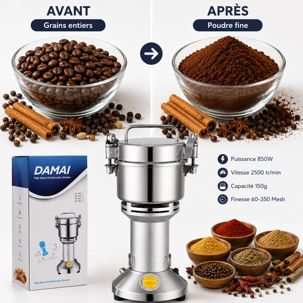 DAMAI Moulin Électrique 150G 850W En Acier Inoxydable – Broyeur Haute… – vue 4 | MonChoix Maroc