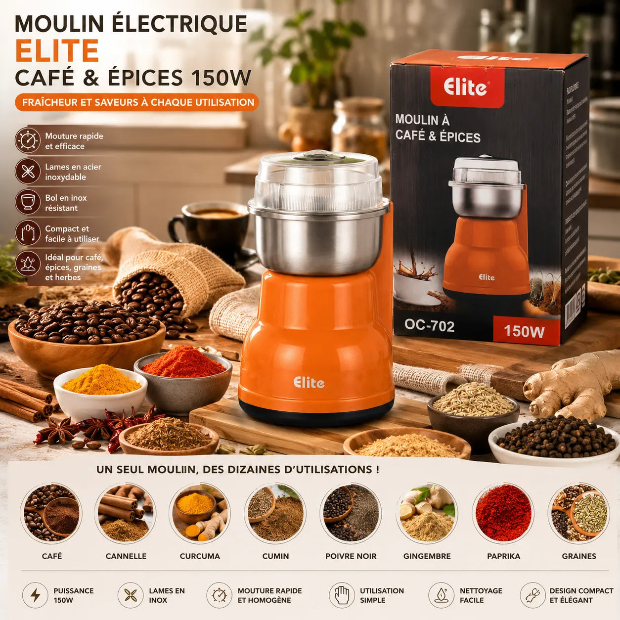 Elite Moulin Multifonction Café & Épices 150W – vue 2 | MonChoix Maroc