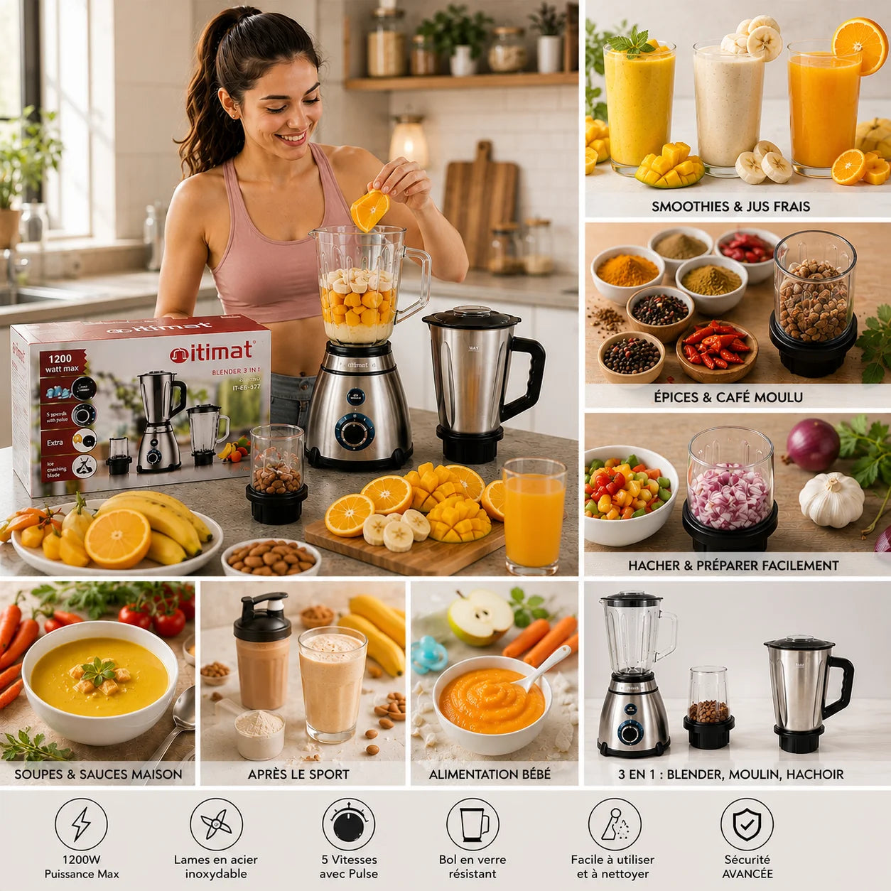 Blender Multifonction ITIMAT 3 En 1 – Mixeur, Moulin & Hachoir 1200W – vue 2 | MonChoix Maroc